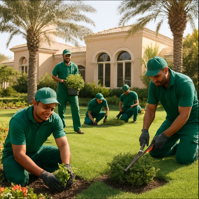 Amal Al Sahraa landscaping team working in a Dubai villa garden