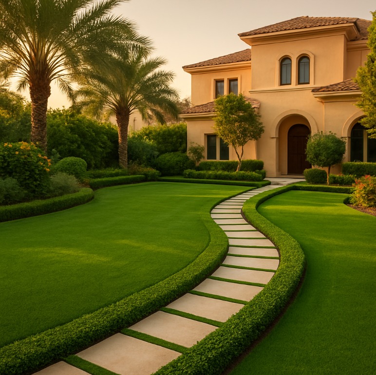 Landscaped garden with lawn and walkway in Dubai