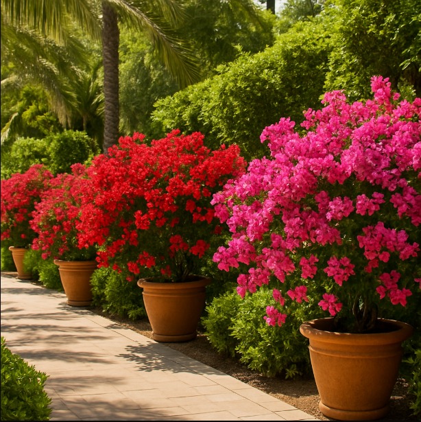 Bougainvillea flowers along a garden path