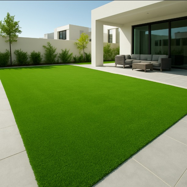 Artificial grass installation in a Dubai backyard