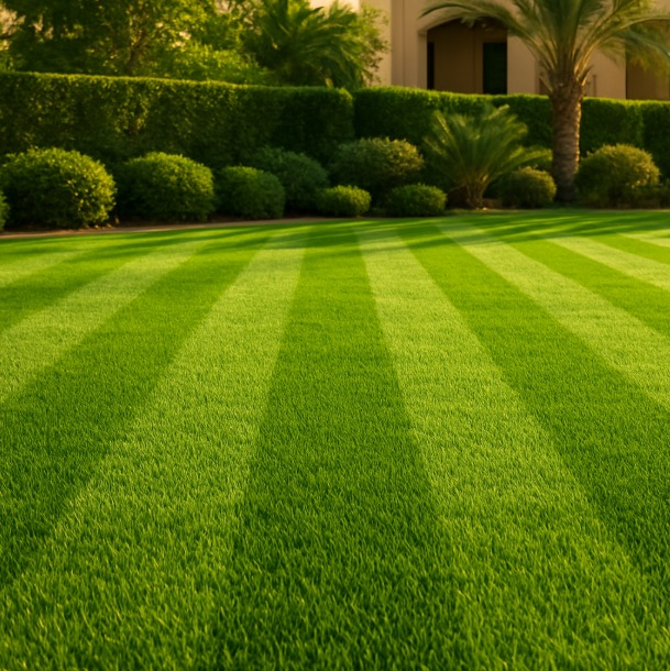 Manicured green lawn maintained by Amal Al Sahraa in Dubai